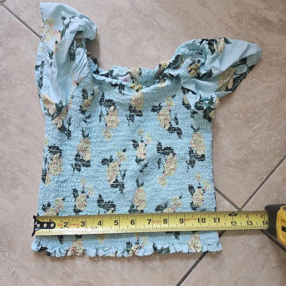Justice girl's size 8 gathered blue with flowers top shirt